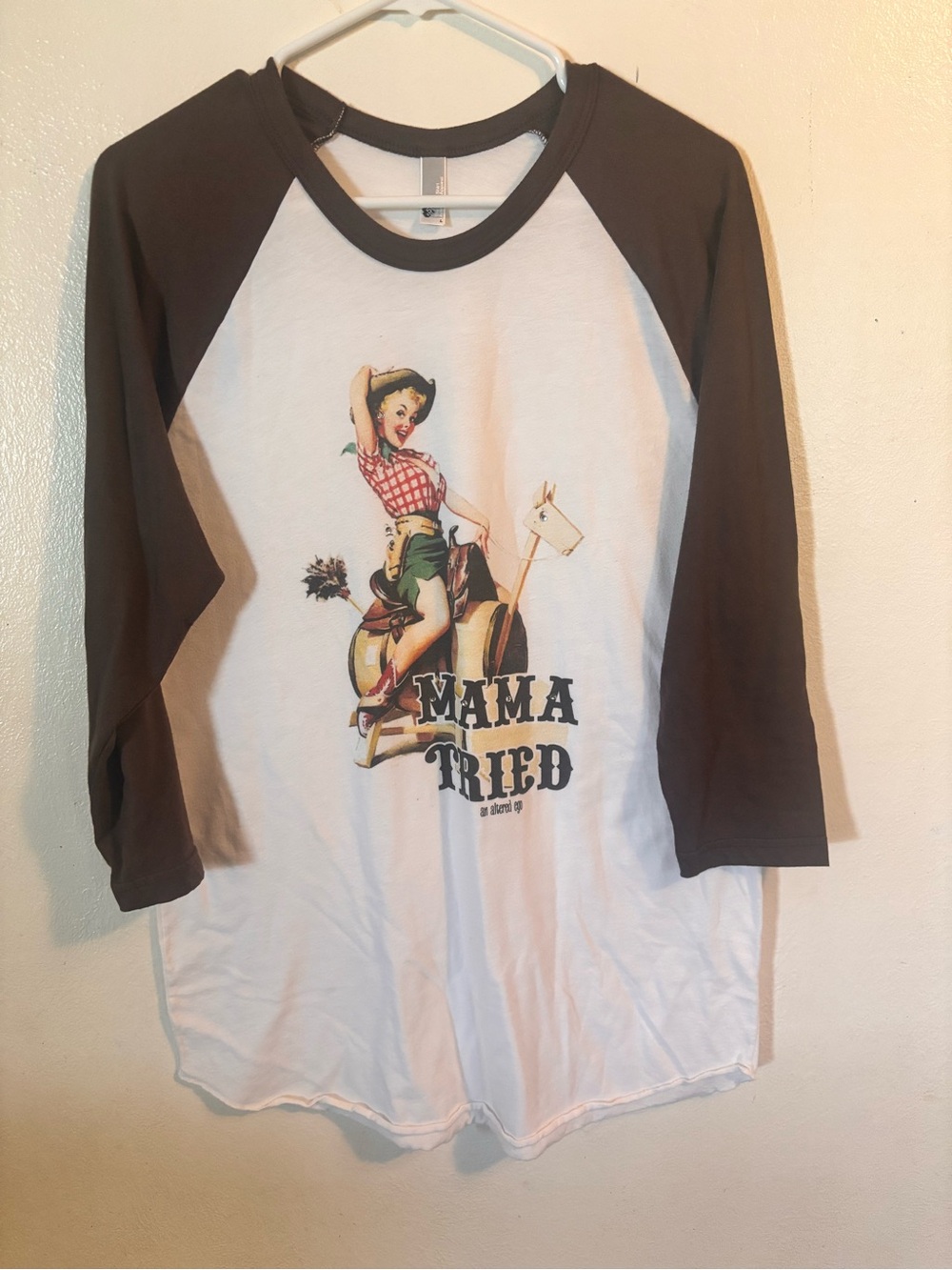 Mama Tried Women’s Raglan Tee - White with Brown Sleeves